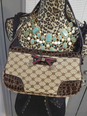 Beige Monogram Canvas Shoulder Bag with Brown Trim and Ribbon Accent